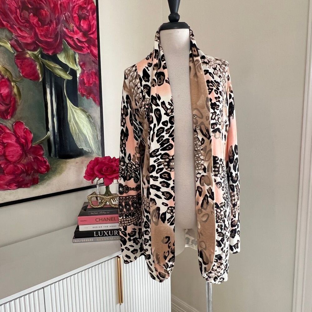 Carina Women's Animal Print Rhinestone Open Front Cardigan Peach Black Sz Large